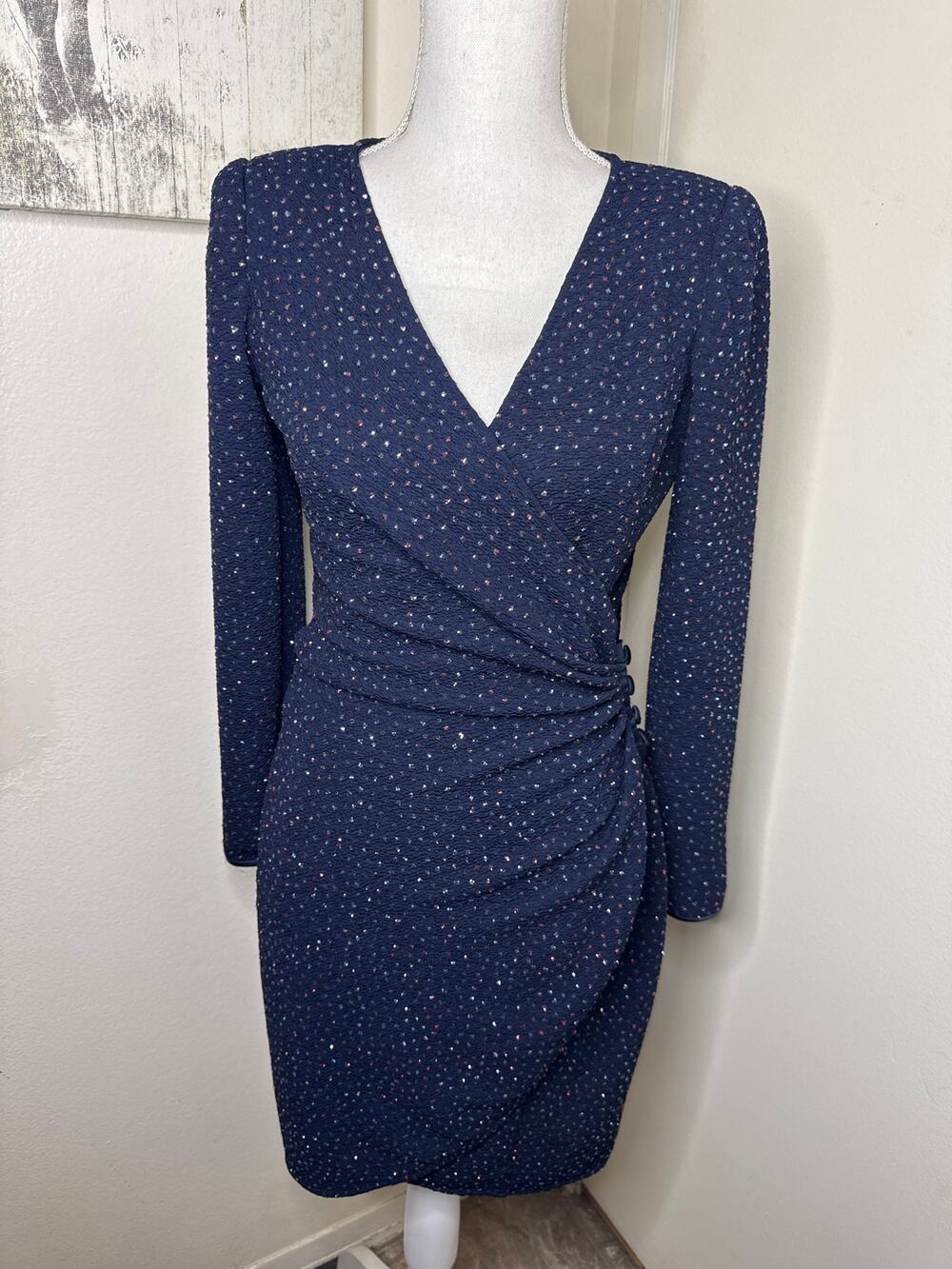 VTG 90s/Y2K Reggio Sparkle Wrap Dress Navy Blue Multicolor Glitter Cocktail 6